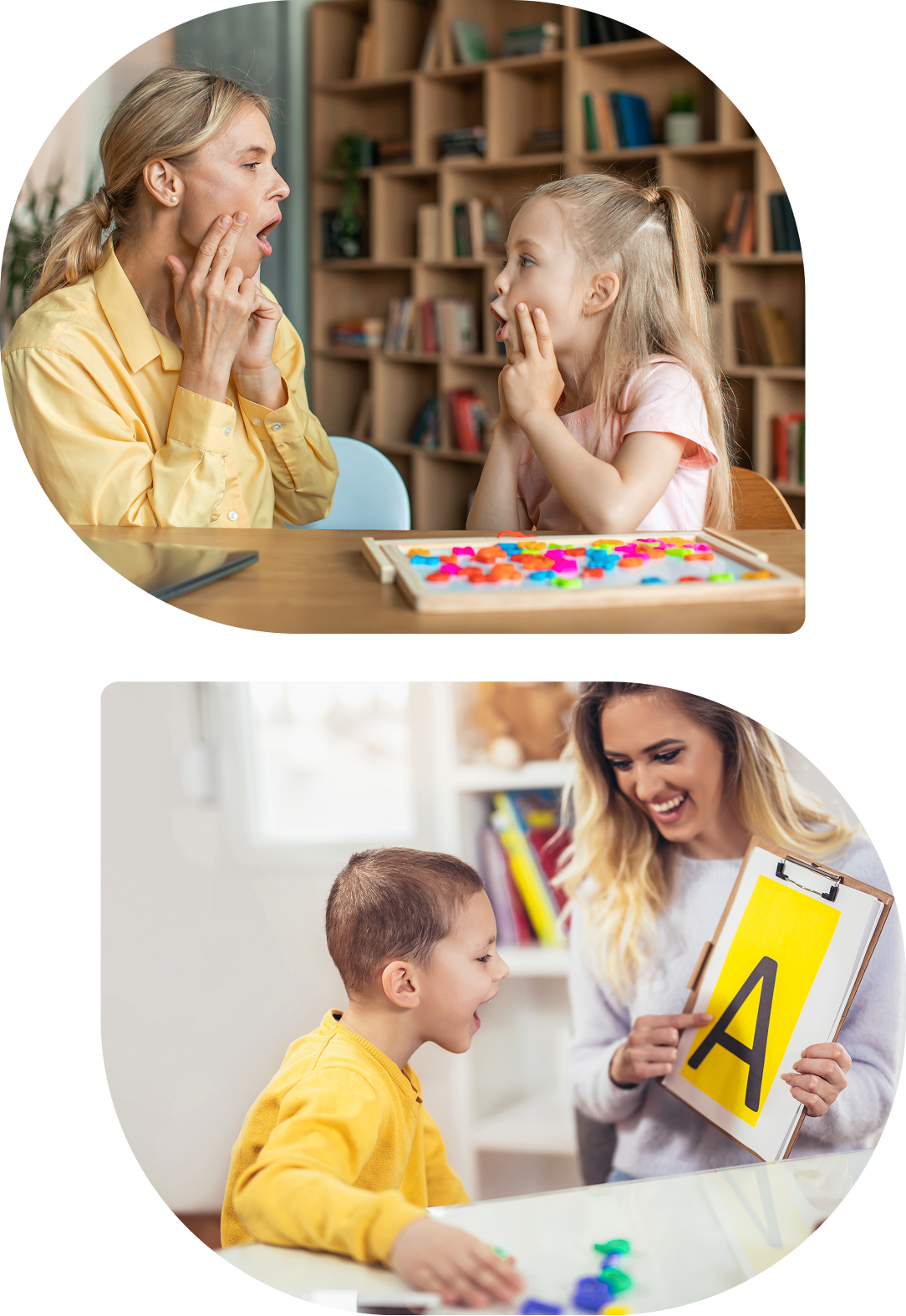 Child learning letter sounds with teacher