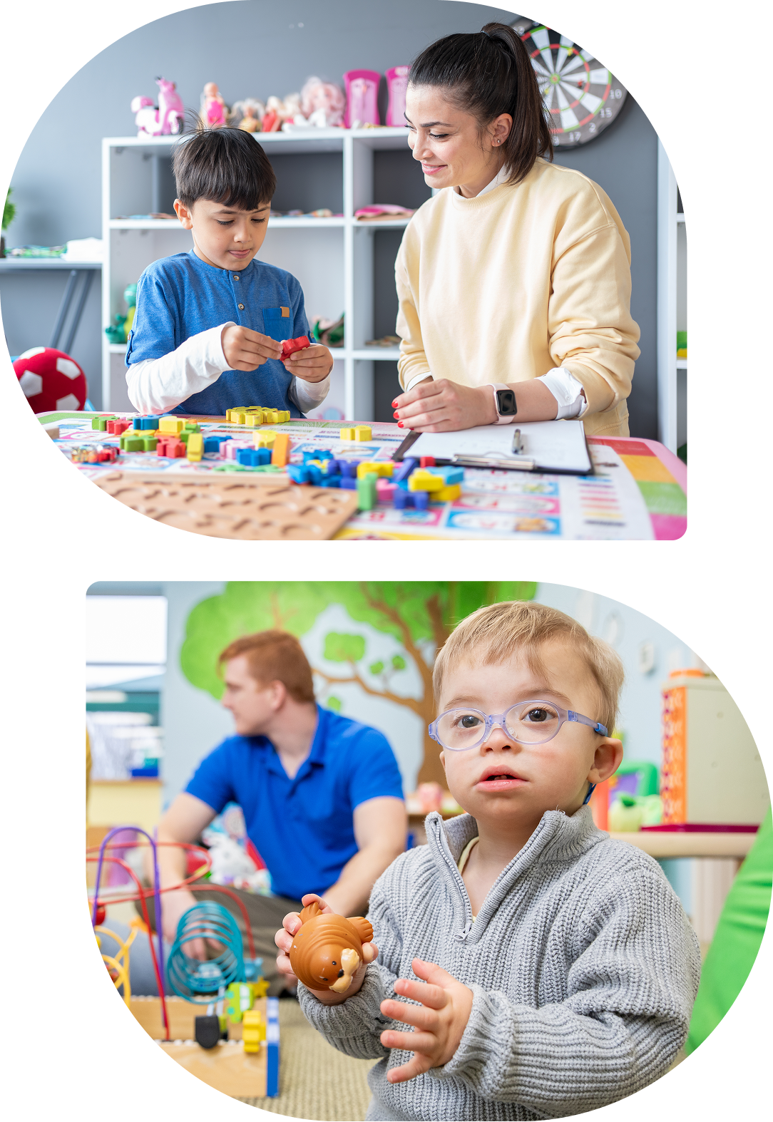 Child playing with teacher at table