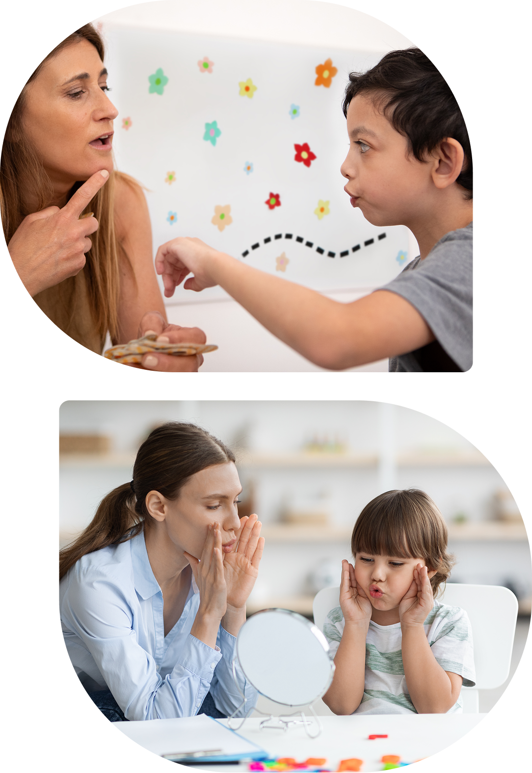 Speech therapist guiding young child
